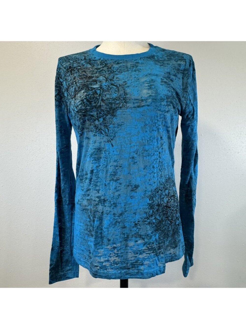 Rock & Roll Cowgirl Burnout Long Sleeve Tee Size Large Blue Rhinestones Design